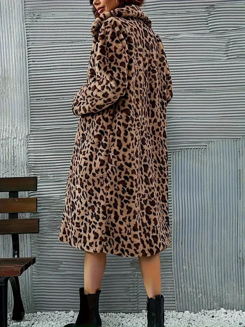 Elegant Leopard Fur Long Coat Winter Loose Fur Overcoat Thick Warm Plush Jacket